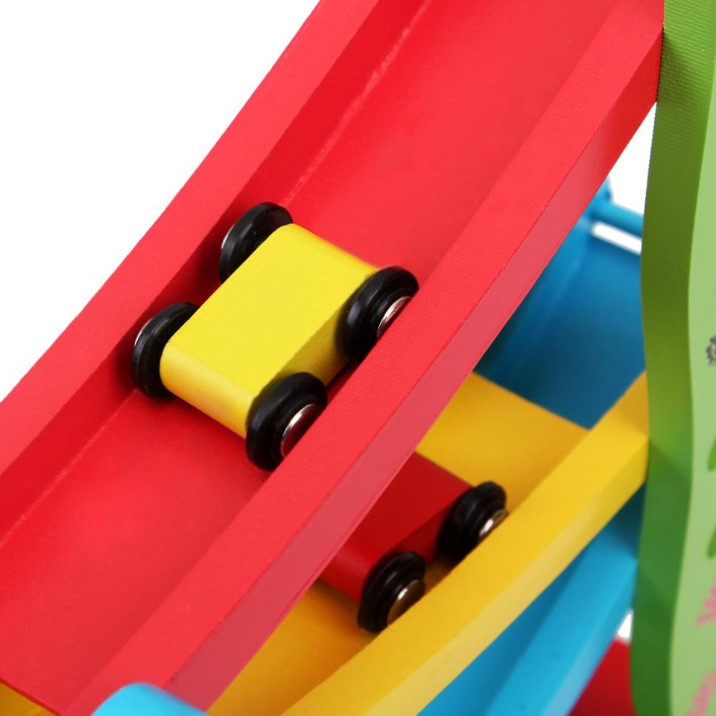 Jucarie interactiva si educativa din lemn Montessori, ansamblu cu masinute de raliu, cu 4 etaje