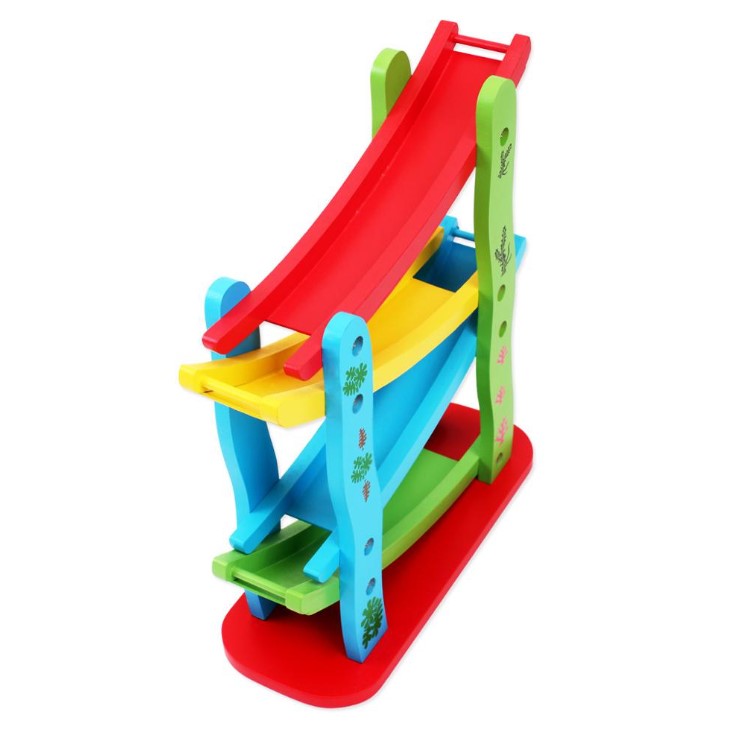 Jucarie interactiva si educativa din lemn Montessori, ansamblu cu masinute de raliu, cu 4 etaje