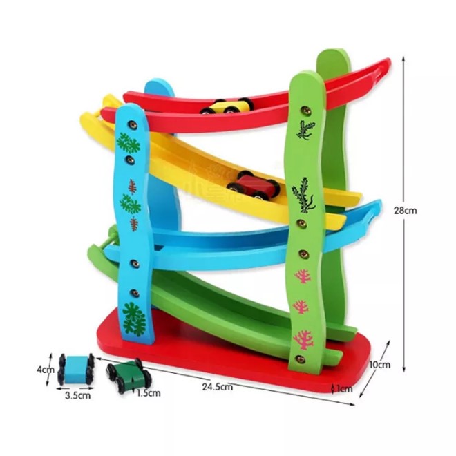 Jucarie interactiva si educativa din lemn Montessori, ansamblu cu masinute de raliu, cu 4 etaje