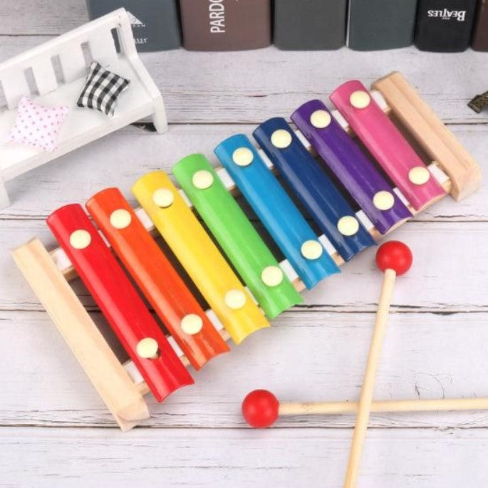 Xilofon copii, jucarie interactiva, jucarie educativa, 2 ciocanele, 8 note muzicale, din lemn, multicolora
