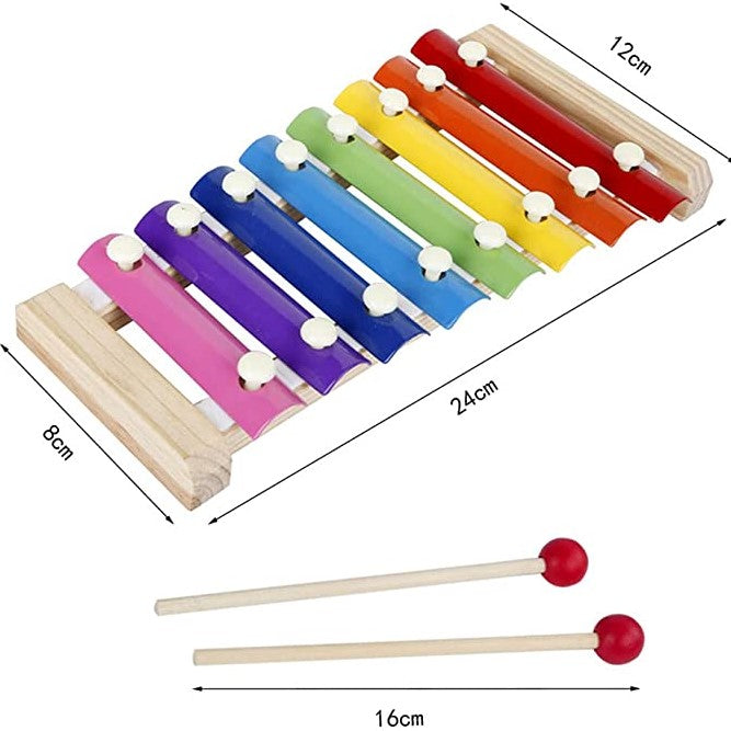 Xilofon copii, jucarie interactiva, jucarie educativa, 2 ciocanele, 8 note muzicale, din lemn, multicolora