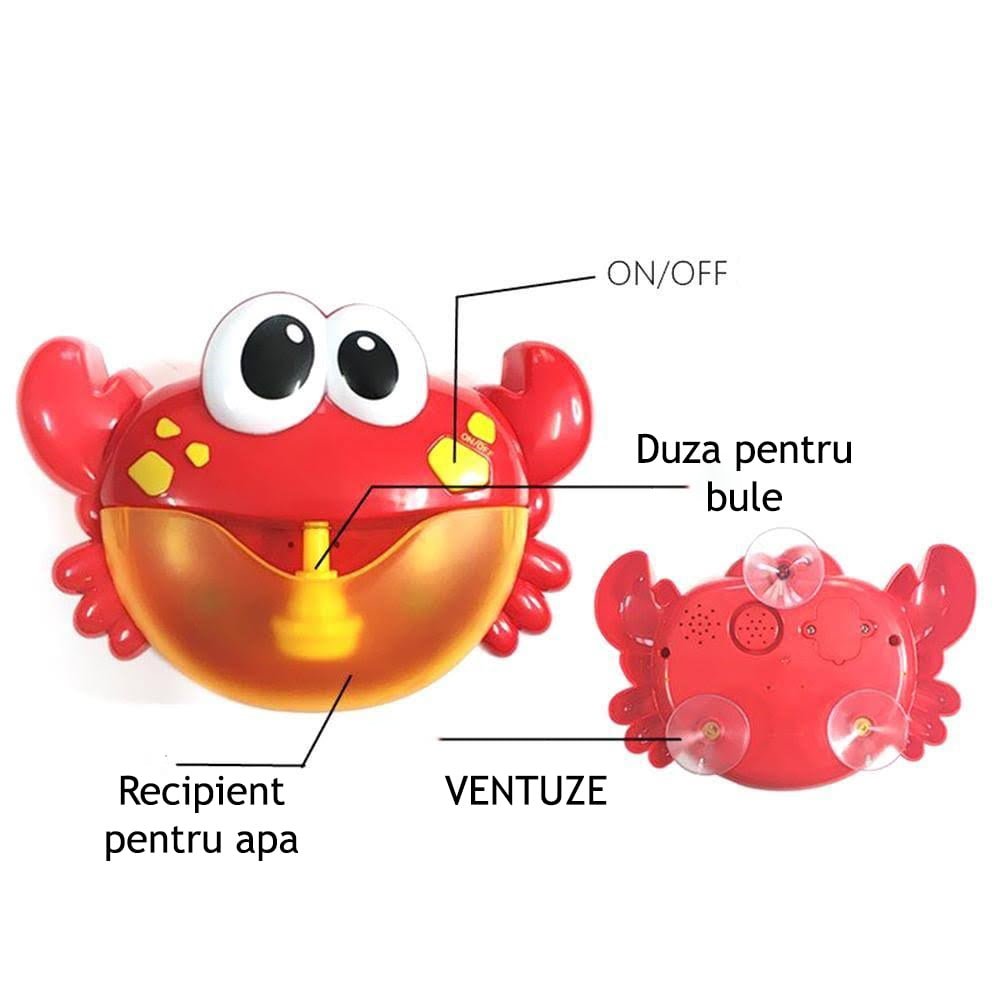 Jucarie muzicala de baie, jucarie interactiva, baloane de sapun, ventuze , crab, rosu, 18+luni - BUZ.RO