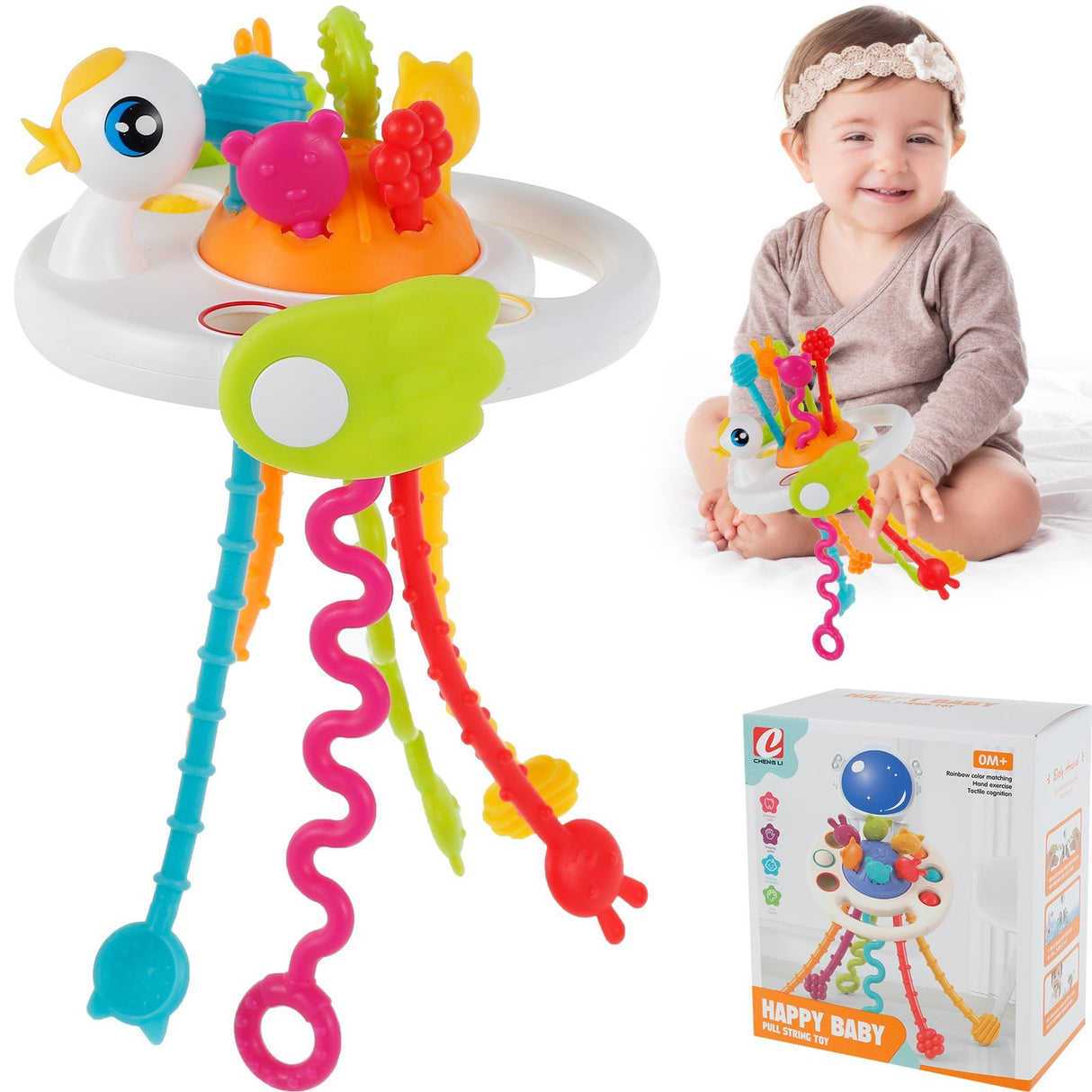 Jucarie senzoriala, motricitate, jucarie bebelusi, cu snur, jucarie dentitie, model cu ratusca, alb, montessori