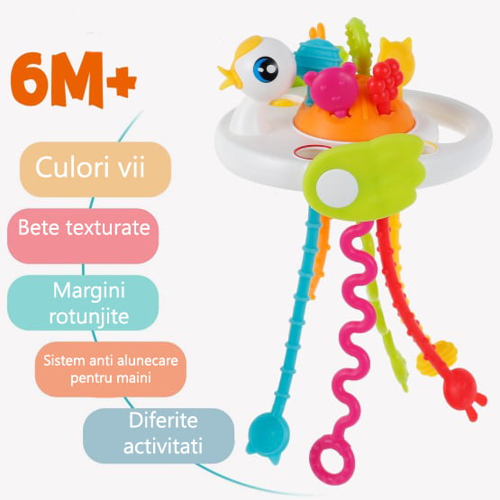 Jucarie senzoriala, motricitate, jucarie bebelusi, cu snur, jucarie dentitie, model cu ratusca, alb, montessori