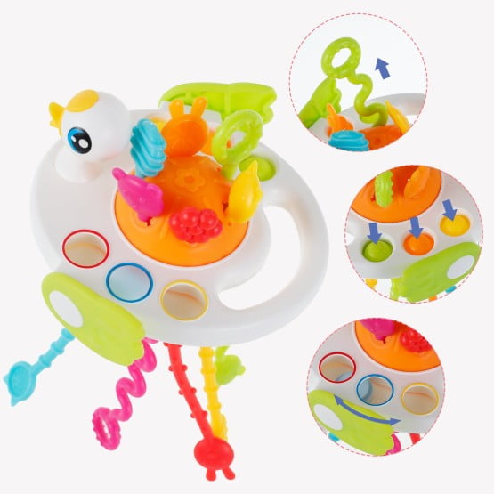 Jucarie senzoriala, motricitate, jucarie bebelusi, cu snur, jucarie dentitie, model cu ratusca, alb, montessori