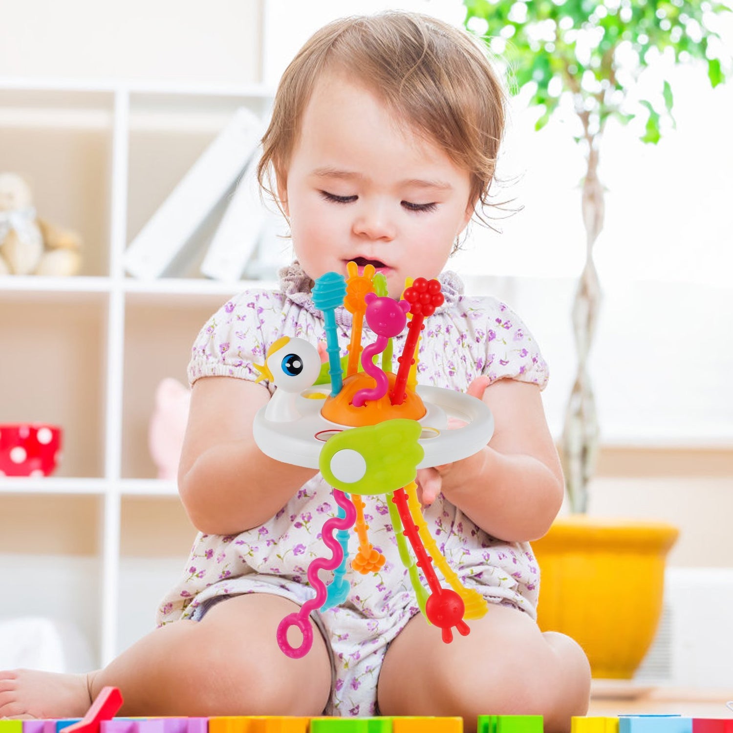 Jucarie senzoriala, motricitate, jucarie bebelusi, cu snur, jucarie dentitie, model cu ratusca, alb, montessori