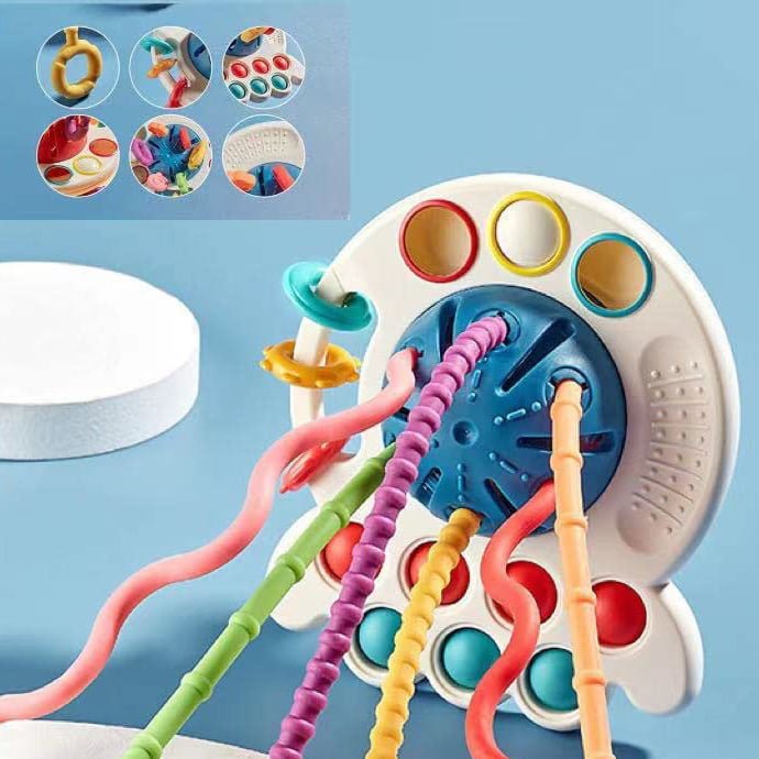 Jucarie senzoriala, motricitate bebelusi, jucarie dentitie, model ozn, caracatita silicon, alb, montessori - BUZ.RO