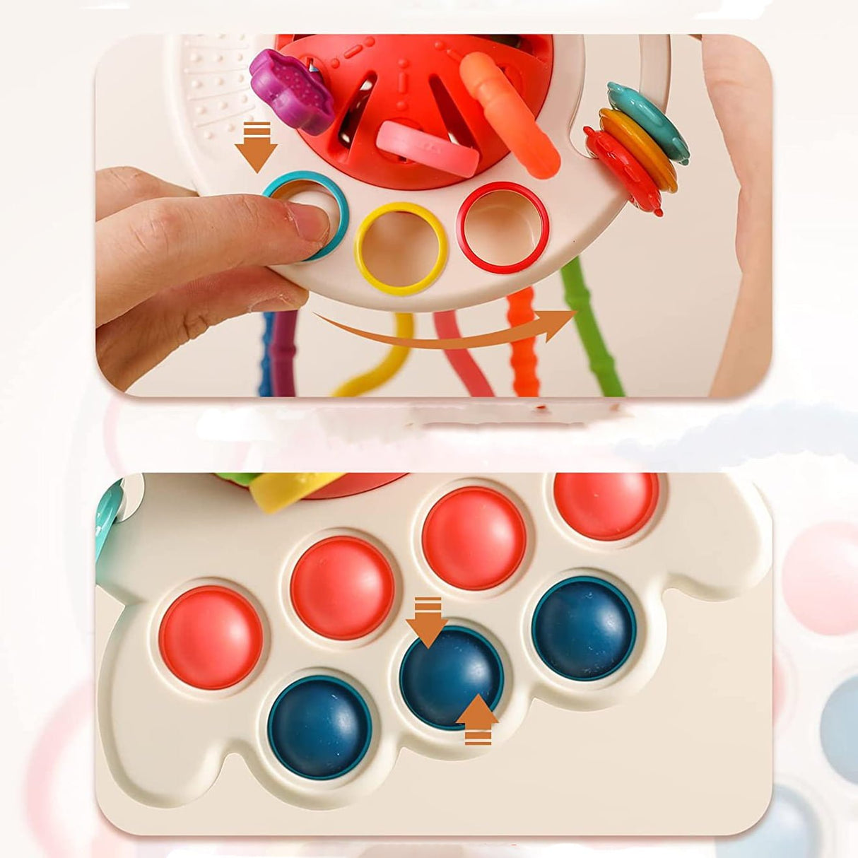 Jucarie senzoriala, motricitate bebelusi, jucarie dentitie, model ozn, caracatita silicon, alb, montessori - BUZ.RO