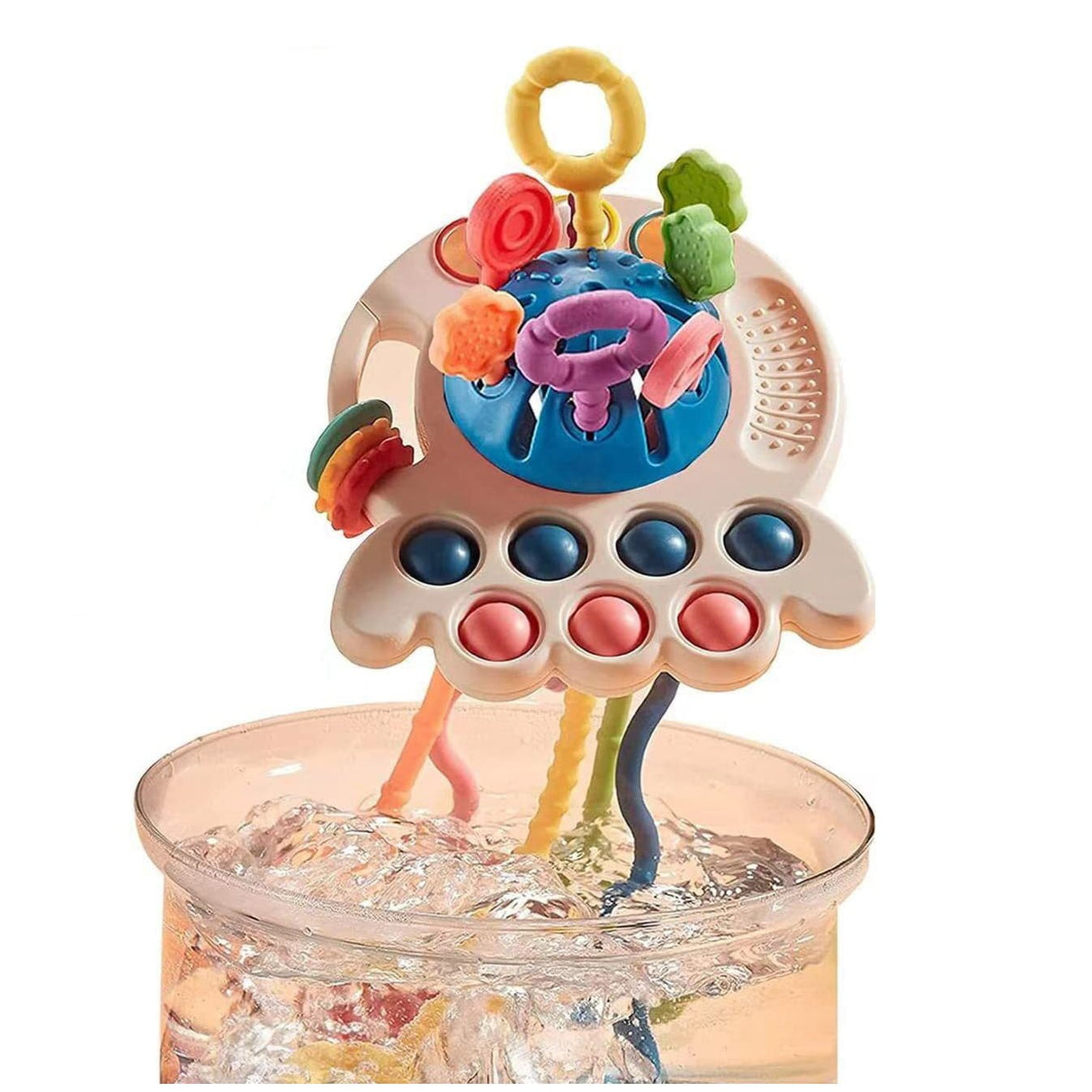 Jucarie senzoriala, motricitate bebelusi, jucarie dentitie, model ozn, caracatita silicon, alb, montessori - BUZ.RO