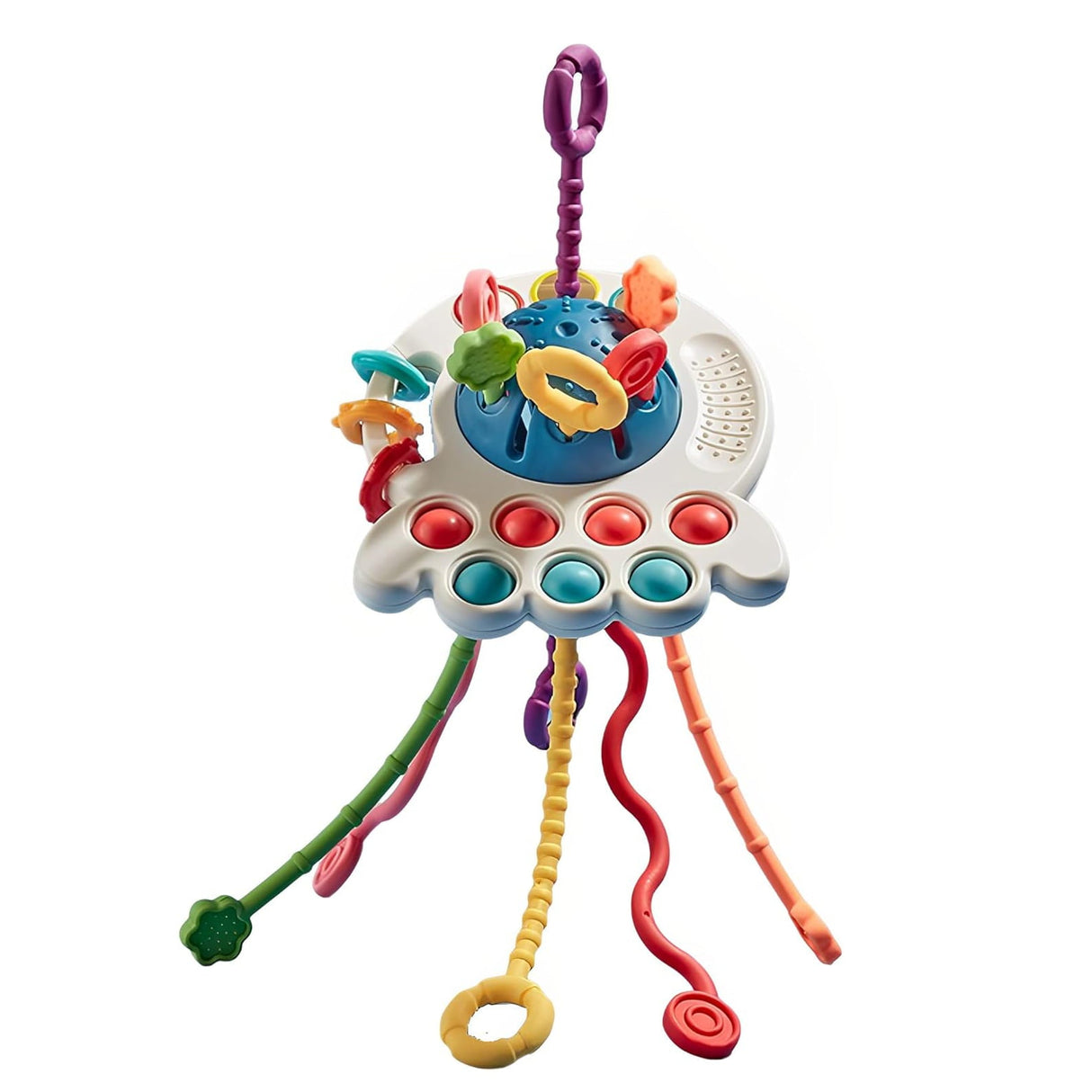 Jucarie senzoriala, motricitate bebelusi, jucarie dentitie, model ozn, caracatita silicon, alb, montessori - BUZ.RO