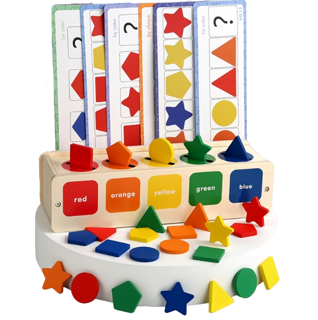 Puzzle Montessori potrivire forme si culori, 35 piese din lemn natural eco, 5 coloane de sortare a culorilor