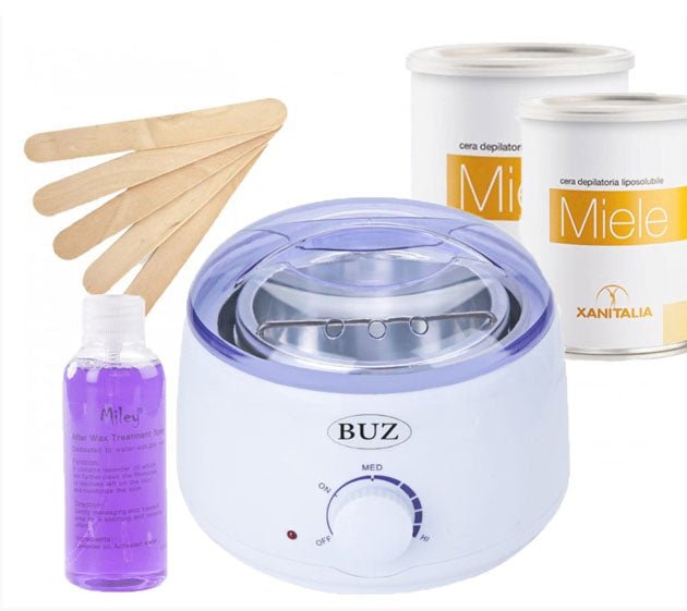 Kit epilare ceara, incalzitor ceara, ceara epilat, ceara cutie, miere, spatula lemn, ulei dupa epilare, 800ml - BUZ.RO