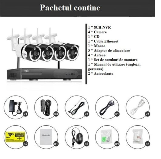 Kit supraveghere interior/exterior wireless 1080p / 960p, hd kit wifi-2mp-30, 4 camere ip, ir 30 m
