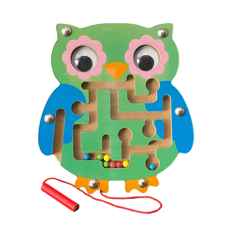 Labirint magnetic cu bile, bufnita, jucarie copii, jucarie educativa, montessori, verde - BUZ.RO