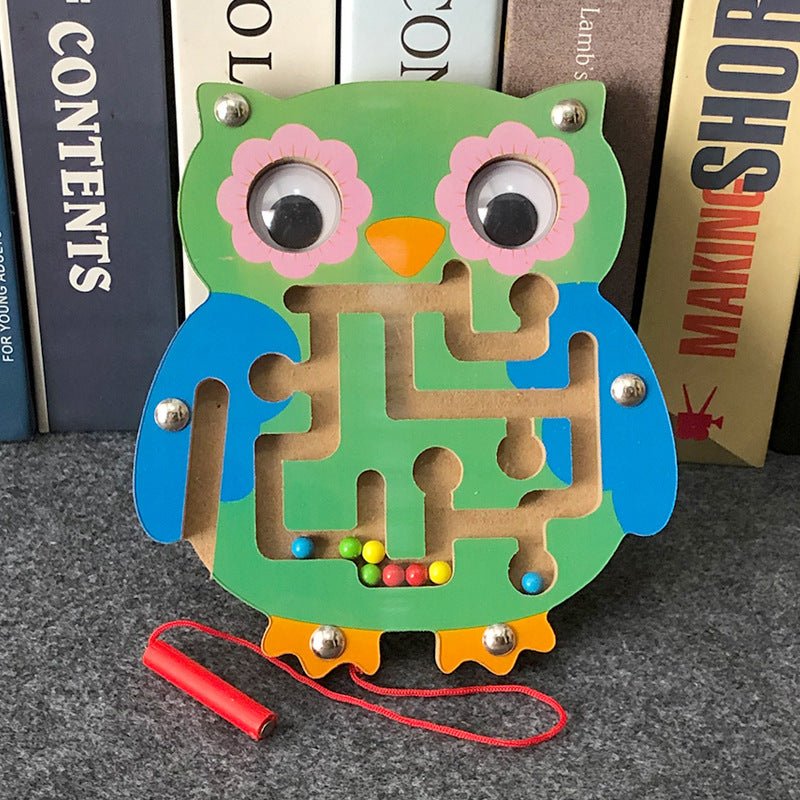 Labirint magnetic cu bile, bufnita, jucarie copii, jucarie educativa, montessori, verde - BUZ.RO