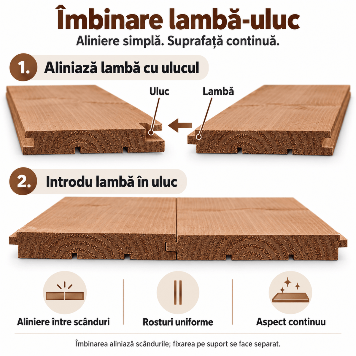Schema îmbinării lambă-uluc: alinierea scândurilor și introducerea labei în uluc pentru o suprafață continuă
