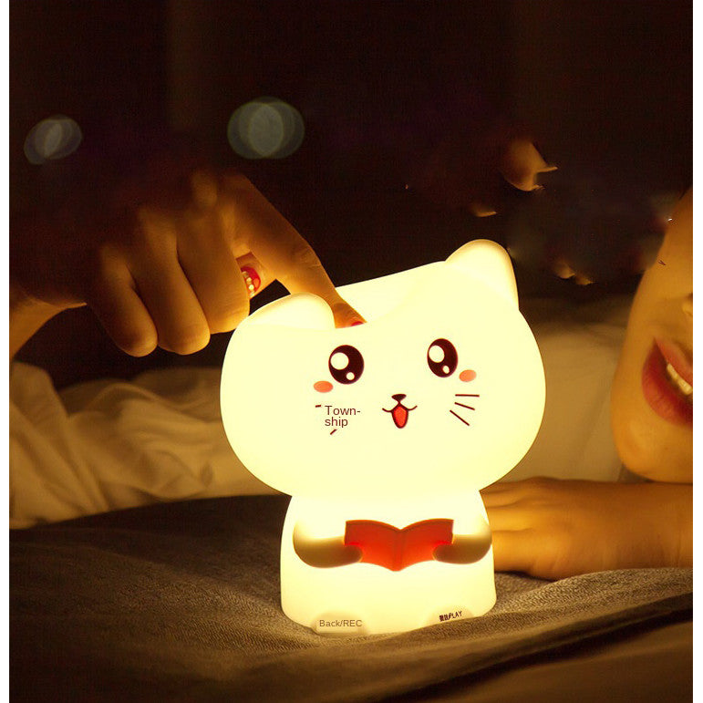 Lampa de silicon moale reincarcabila, LED, multicolor, pisicuta vorbitoare, control tactil sau telecomanda, interactiva, albastru