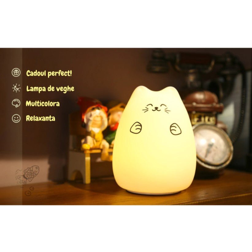 Lampa de veghe portabila cu 7 culori de LEDuri, silicon BPA - free, USB, touch - control, temporizator, lampa de noapte pisicuta fericita - BUZ.RO