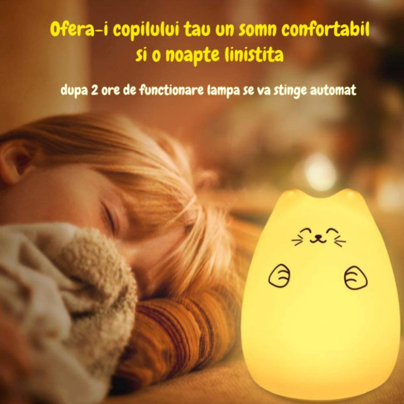 Lampa de veghe portabila cu 7 culori de LEDuri, silicon BPA - free, USB, touch - control, temporizator, lampa de noapte pisicuta fericita - BUZ.RO