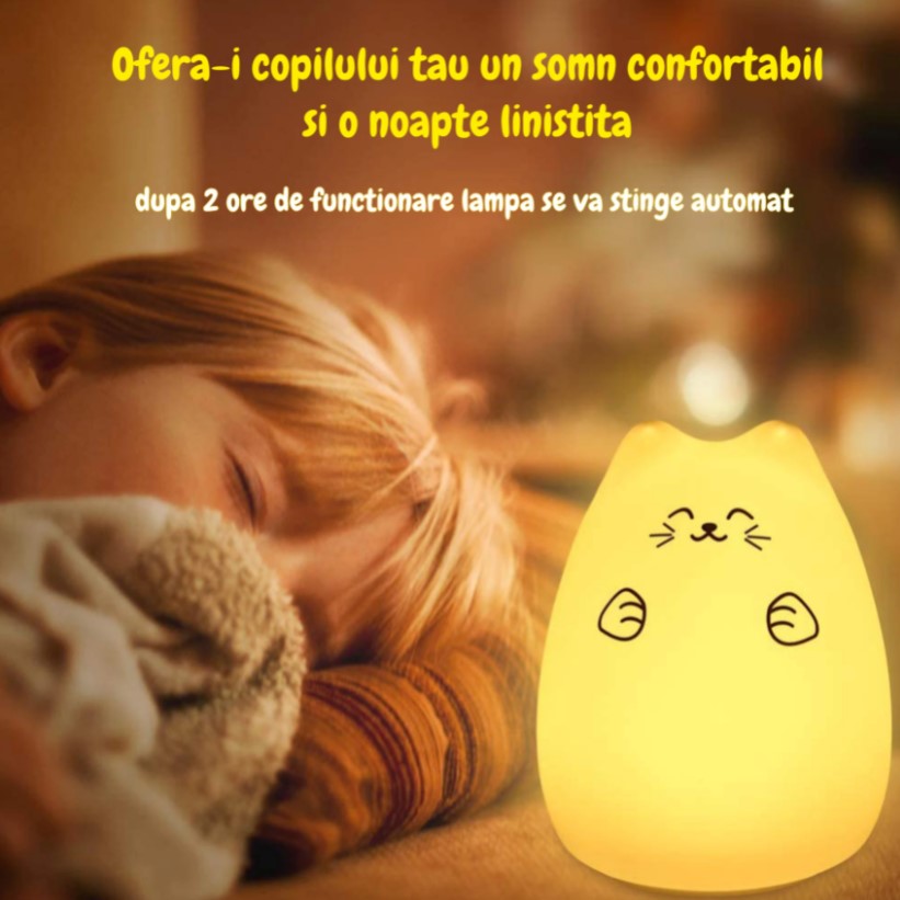 Lampa de veghe portabila cu 7 culori de LEDuri, silicon BPA-free, USB, touch-control, temporizator, lampa de noapte pisicuta fericita