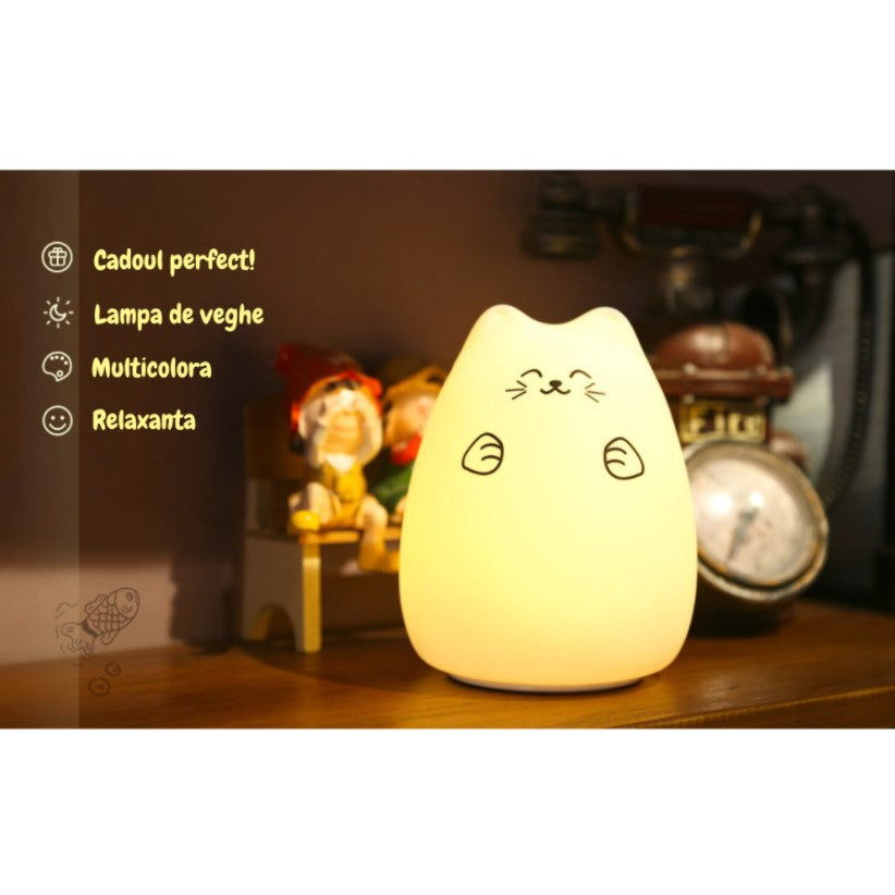 Lampa de veghe portabila cu 7 culori de LEDuri, silicon BPA-free, USB, touch-control, temporizator, lampa de noapte pisicuta fericita