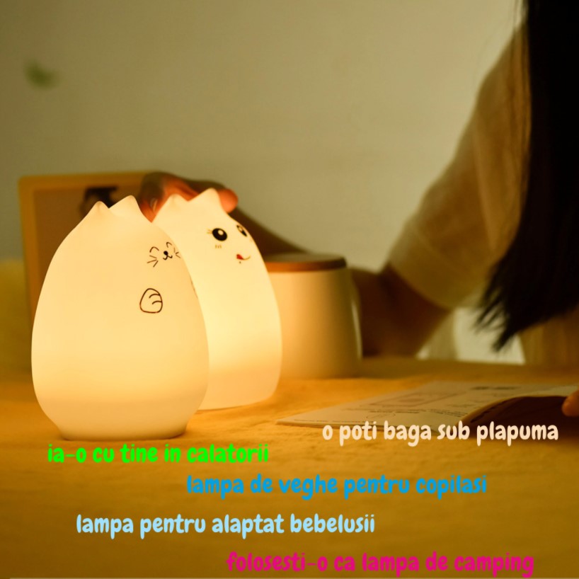 Lampa de veghe portabila cu 7 culori de LEDuri, silicon BPA-free, USB, touch-control, temporizator, lampa de noapte pisicuta fericita