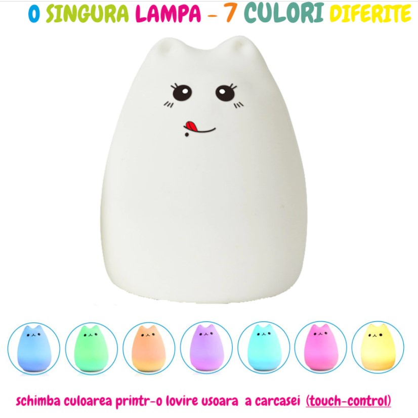 Lampa de veghe portabila, pisicuta, cu 7 culori de LEDuri, silicon BPA-free, USB, touch-control, telecomanda, temporizator, lampa de noapte