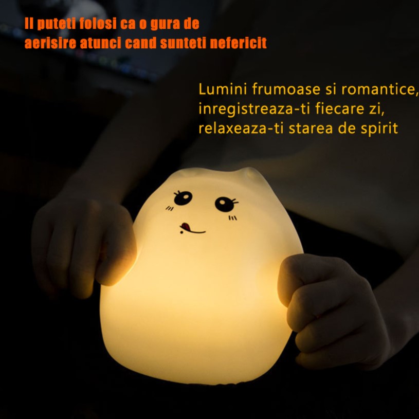 Lampa de veghe portabila, pisicuta, cu 7 culori de LEDuri, silicon BPA-free, USB, touch-control, telecomanda, temporizator, lampa de noapte