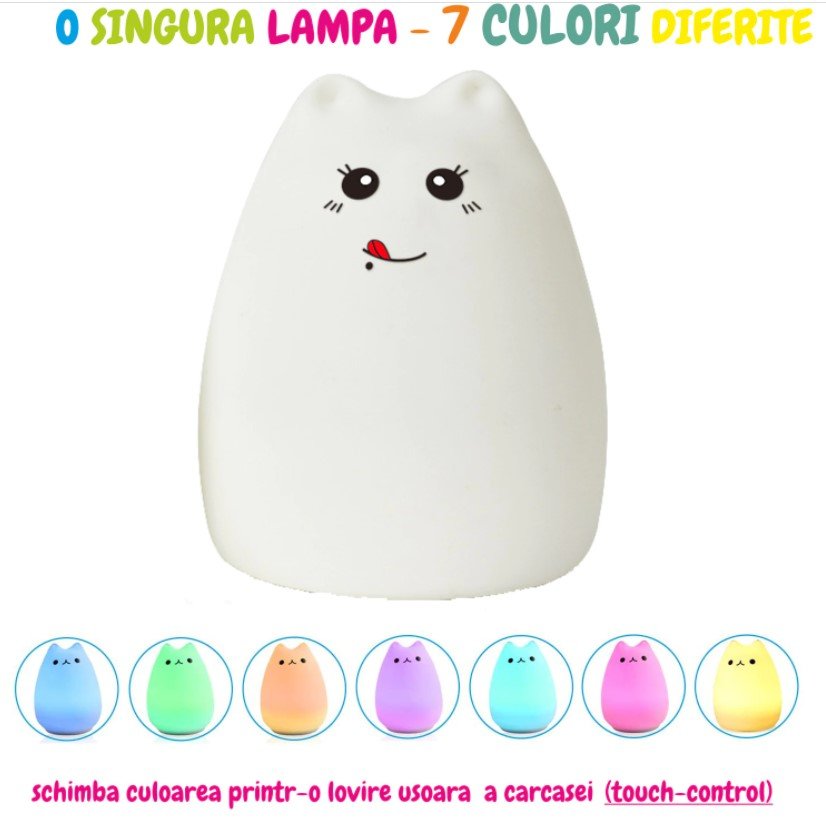 Lampa de veghe portabila, pisicuta, cu 7 culori de LEDuri, silicon BPA - free, USB, touch - control, telecomanda, temporizator, lampa de noapte - BUZ.RO