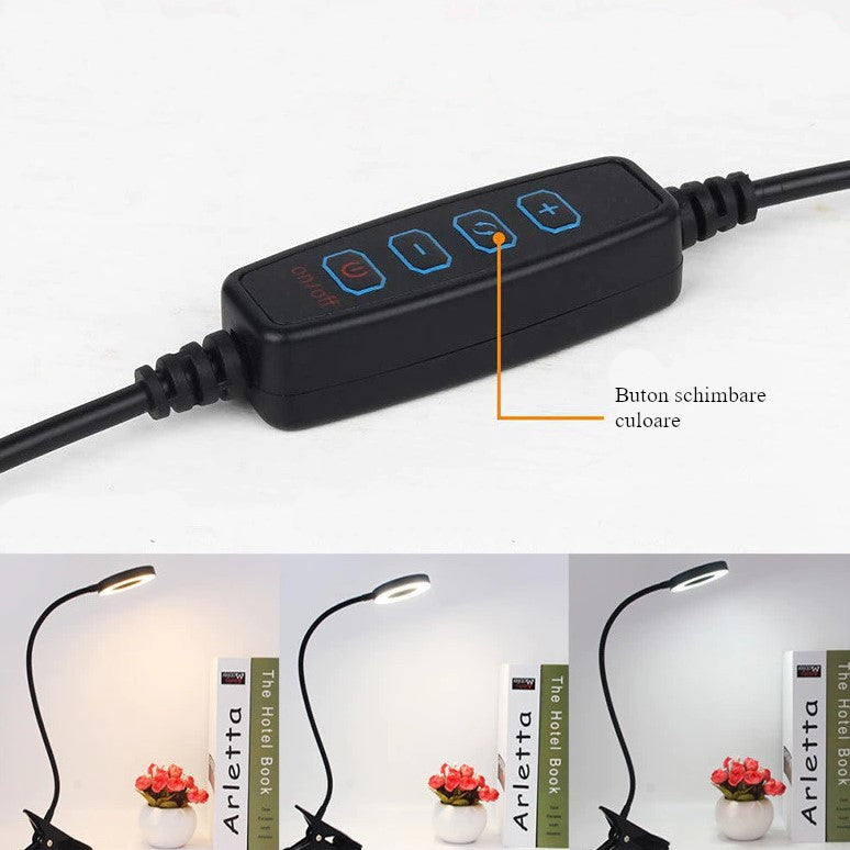 Lampa LED de birou, cu clema, 3 intensitati lumina 4000K, reglabila, flexibila, 360 grade, neagra