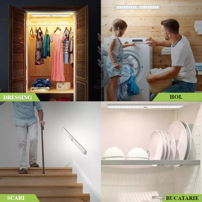 Lampa LED inteligenta, cu senzori de miscare, incarcare USB, magnetica, cu telecomanda, pentru dressing, hol, scari, dulap de bucatarie, baie, garaj, 40 LED-uri, alb rece