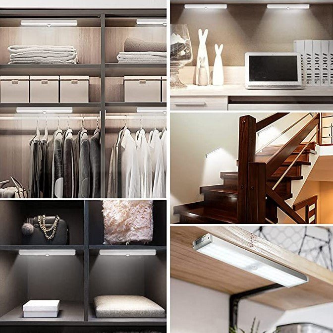 Lampa LED inteligenta, cu senzori de miscare, incarcare USB, magnetica, cu telecomanda, pentru dressing, hol, scari, dulap de bucatarie, baie, garaj, 60 LED - uri, alb rece, buz - BUZ.RO