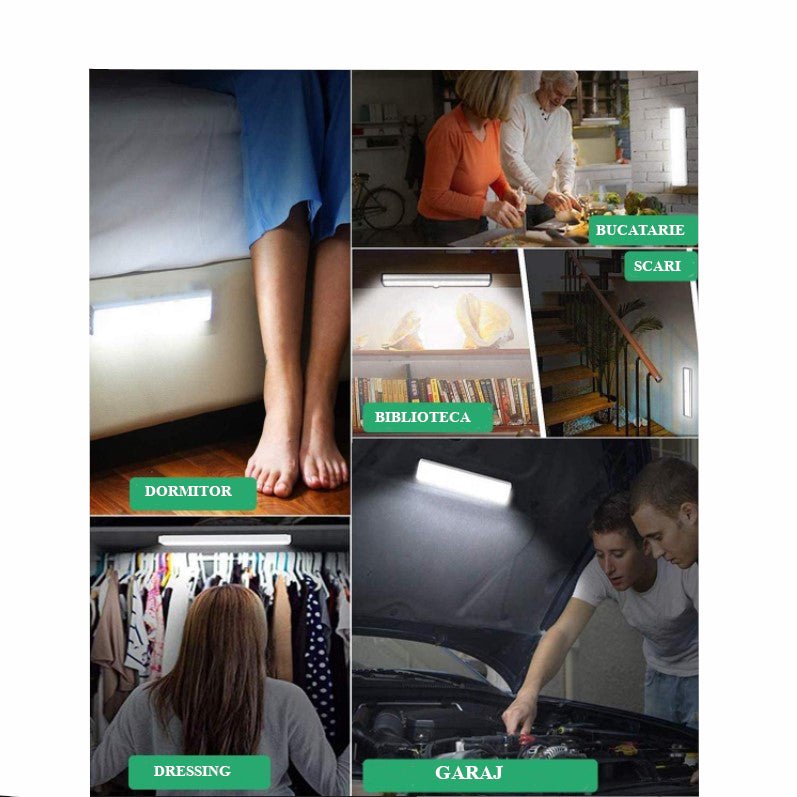 Lampa LED inteligenta, cu senzori de miscare, incarcare USB, magnetica, cu telecomanda, pentru dressing, hol, scari, dulap de bucatarie, baie, garaj, 60 LED - uri, alb rece, buz - BUZ.RO