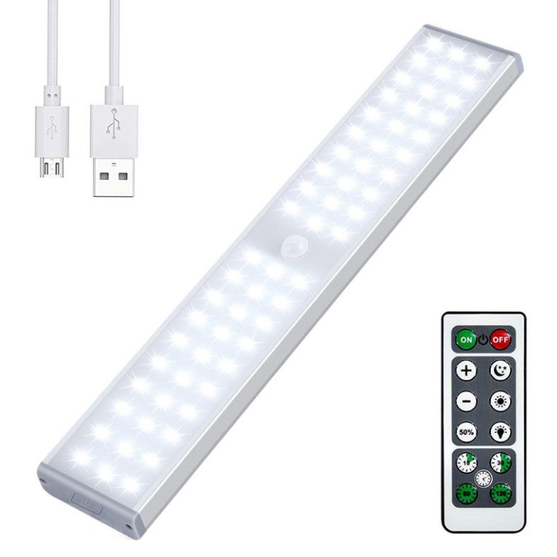Lampa LED inteligenta, cu senzori de miscare, incarcare USB, magnetica, cu telecomanda, pentru dressing, hol, scari, dulap de bucatarie, baie, garaj, 60 LED-uri, alb rece, buz