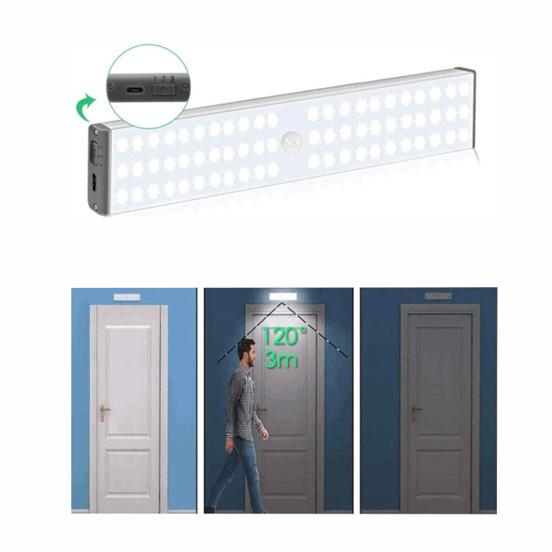 Lampa LED inteligenta, cu senzori de miscare, incarcare USB, magnetica, cu telecomanda, pentru dressing, hol, scari, dulap de bucatarie, baie, garaj, 60 LED-uri, alb rece