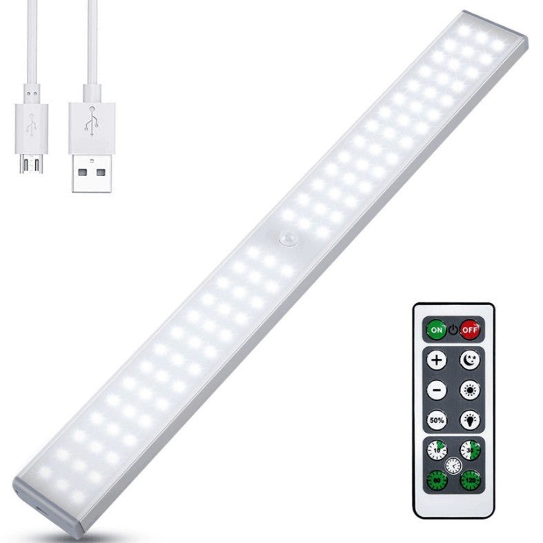 Lampa LED inteligenta, cu senzori de miscare, incarcare USB, magnetica, cu telecomanda, pentru dressing, hol, scari, dulap de bucatarie, baie, garaj, 80 LED - uri, alb rece - BUZ.RO