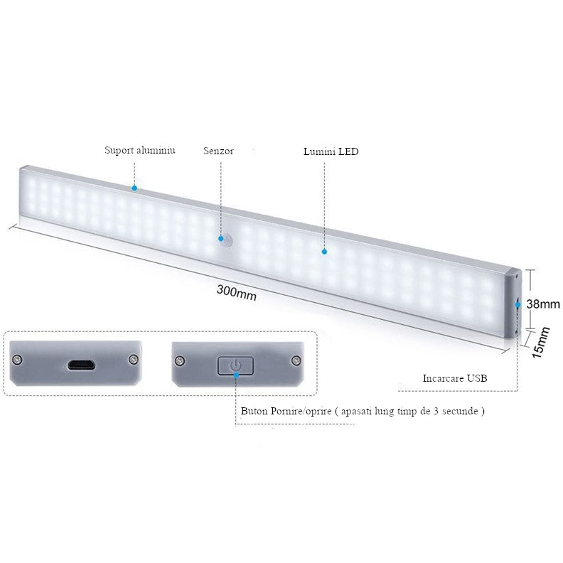 Lampa LED inteligenta, cu senzori de miscare, incarcare USB, magnetica, cu telecomanda, pentru dressing, hol, scari, dulap de bucatarie, baie, garaj, 80 LED-uri, alb rece