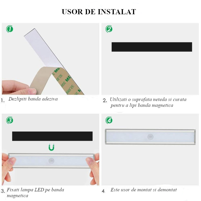 Lampa LED inteligenta, cu senzori de miscare, incarcare USB, magnetica, cu telecomanda, pentru dressing, hol, scari, dulap de bucatarie, baie, garaj, 80 LED-uri, alb rece