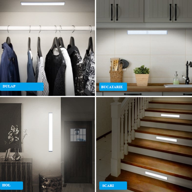 Lampa LED inteligenta, cu senzori de miscare, incarcare USB, magnetica, cu telecomanda, pentru dressing, hol, scari, dulap de bucatarie, baie, garaj, 80 LED-uri, alb rece