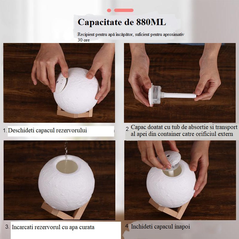 Lampa luna, umidificator, 3D, aromaterapie, purificator aer, reincarcabila, 880 ml, cu acumulator, 3 culori lumina, cu stand lemn