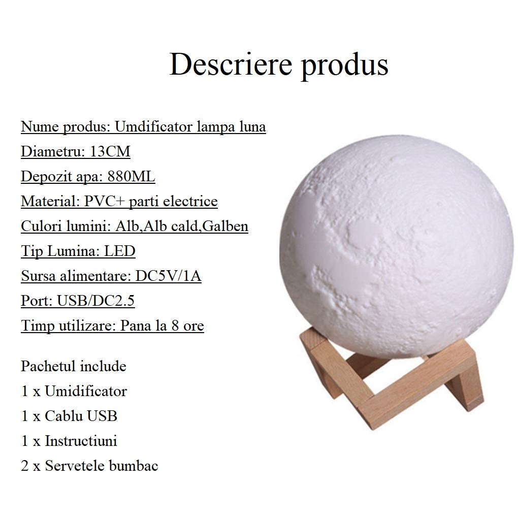 Lampa luna, umidificator, 3D, aromaterapie, purificator aer, reincarcabila, 880 ml, cu acumulator, 3 culori lumina, cu stand lemn