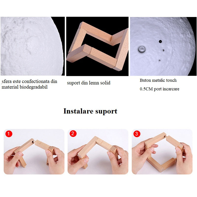 Lampa luna, umidificator, 3D, aromaterapie, purificator aer, reincarcabila, 880 ml, cu acumulator, 3 culori lumina, cu stand lemn