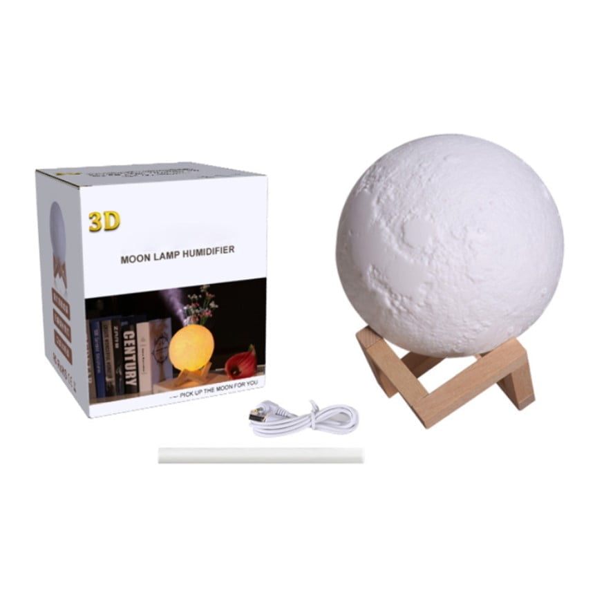 Lampa luna, umidificator, 3D, aromaterapie, purificator aer, reincarcabila, 880 ml, cu acumulator, 3 culori lumina, cu stand lemn - BUZ.RO