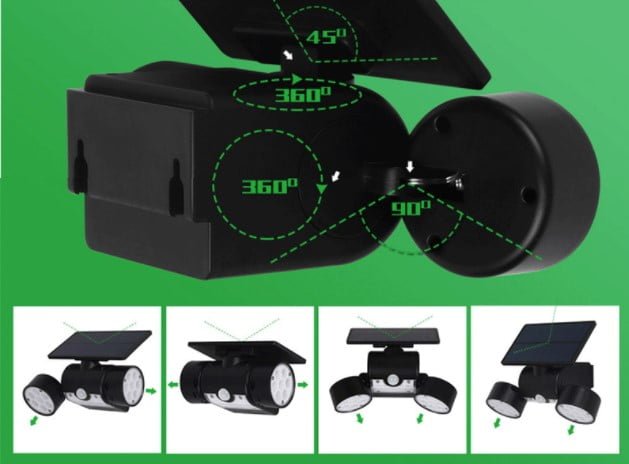 Lampa solara dubla, adjustabila cu 30 leduri, 3 tipuri de iluminare, IP65 si senzor de miscare