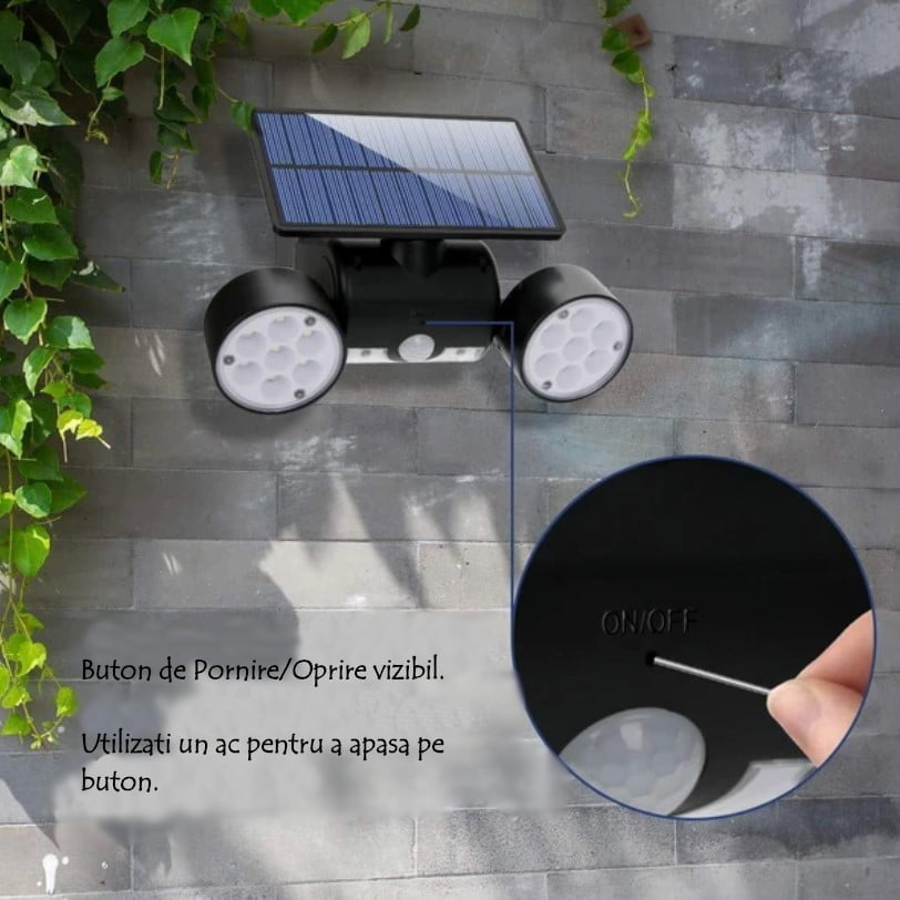 Lampa solara dubla, adjustabila cu 30 leduri, 3 tipuri de iluminare, IP65 si senzor de miscare