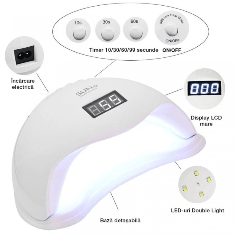 Lampa Unghii LED UV SUN 5 – 48W, Timer, Senzor Automat, Afișaj LCD - BUZ.RO