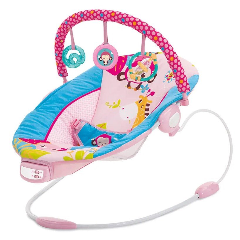 Leagan electric pentru bebe, cu vibratii si melodii, bara de activitati, ham reglabil, roz - BUZ.RO