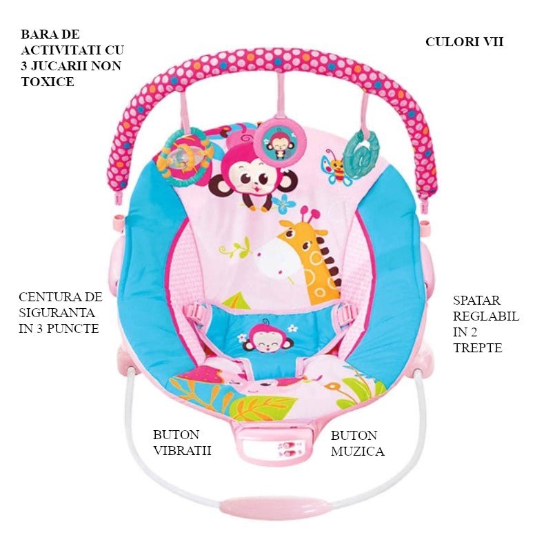 Leagan electric pentru bebe, cu vibratii si melodii, bara de activitati, ham reglabil, roz - BUZ.RO