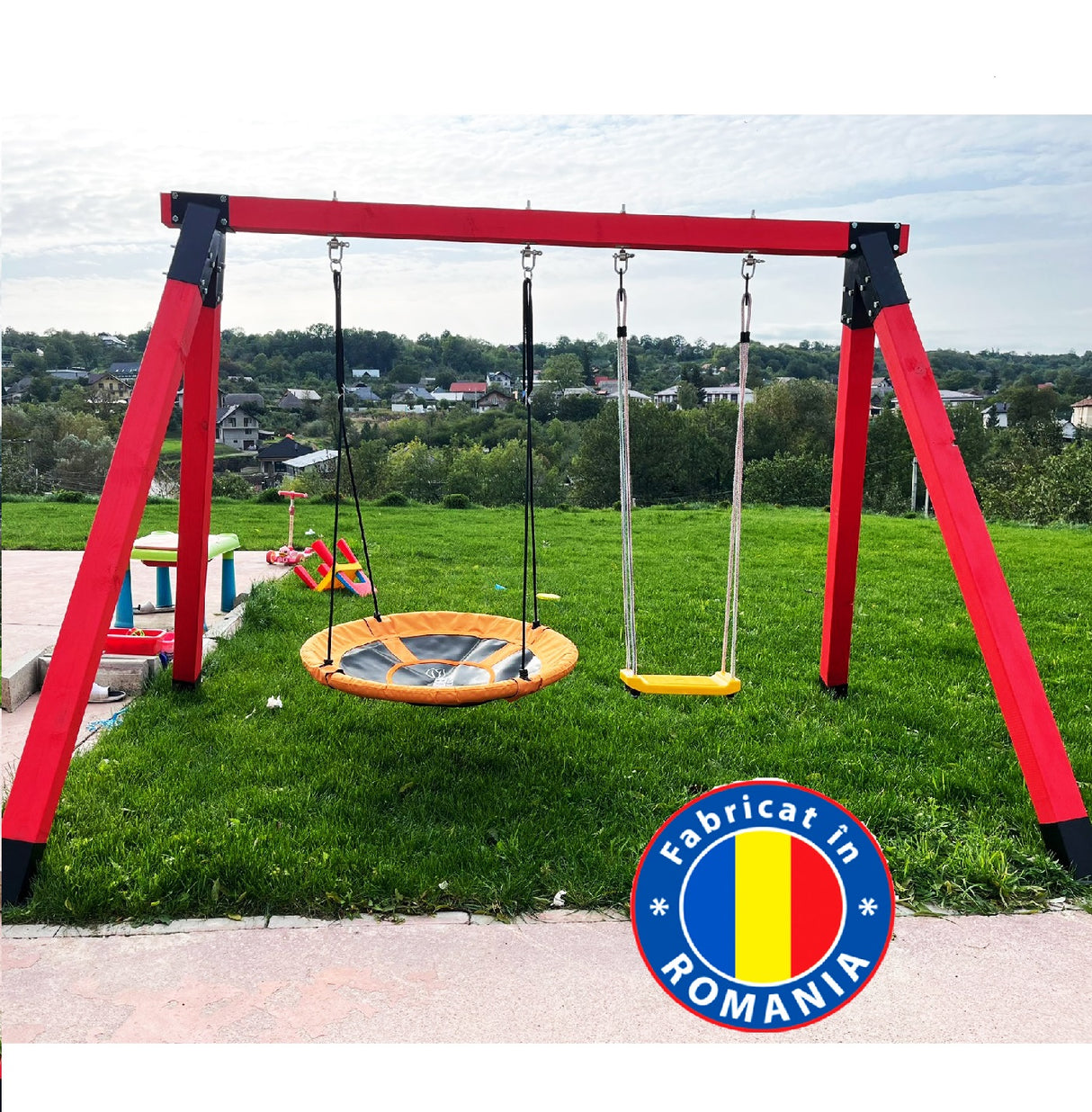 Leagan gradina, complex de leagane copii, set de joaca din lemn cu imbinari metalice si sistem de ancorare, rezistent pana la 150kg ROSU