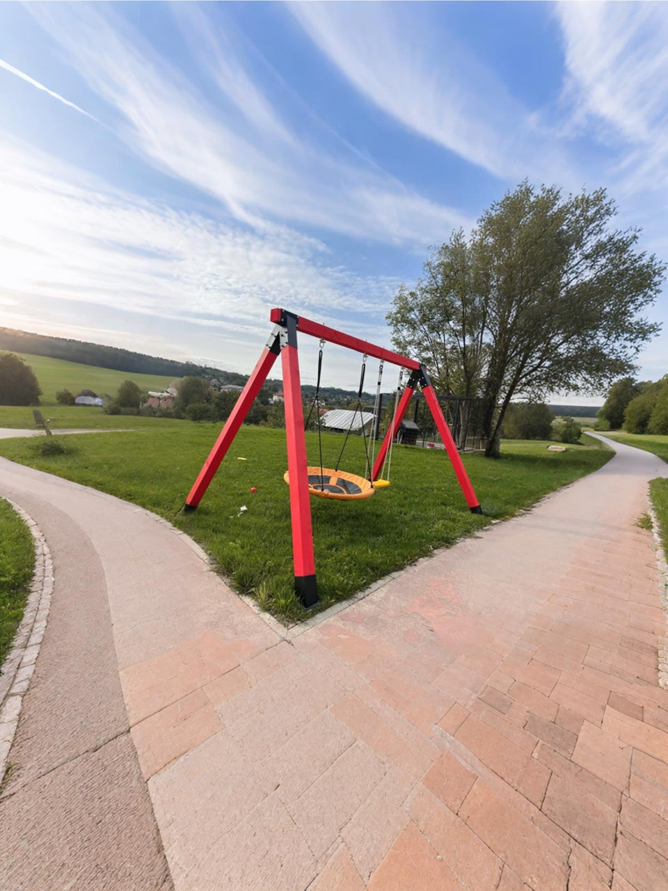 Leagan gradina, complex de leagane copii, set de joaca din lemn cu imbinari metalice si sistem de ancorare, rezistent pana la 150kg ROSU